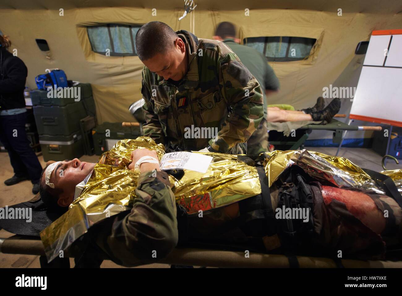 Frankreich, Tarn, Castres, In der Sidobre, Bekämpfung von militärischen Übungen, Aktion Fallschirmjäger 8. RPIMA Terroristen zu lösen, den Verletzten erste Hilfe in das Mobile Hospital erhalten Stockfoto