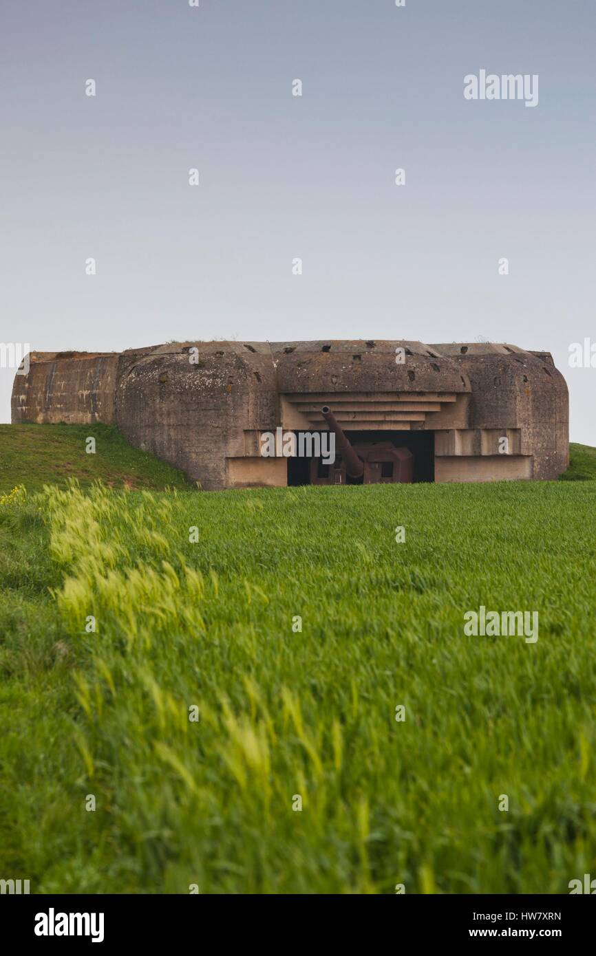 Frankreich, Calvados, d-Day Strände Gegend, Longues Sur Mer, WW2-Ära deutsche 150mm Artillerie-Batterie Stockfoto