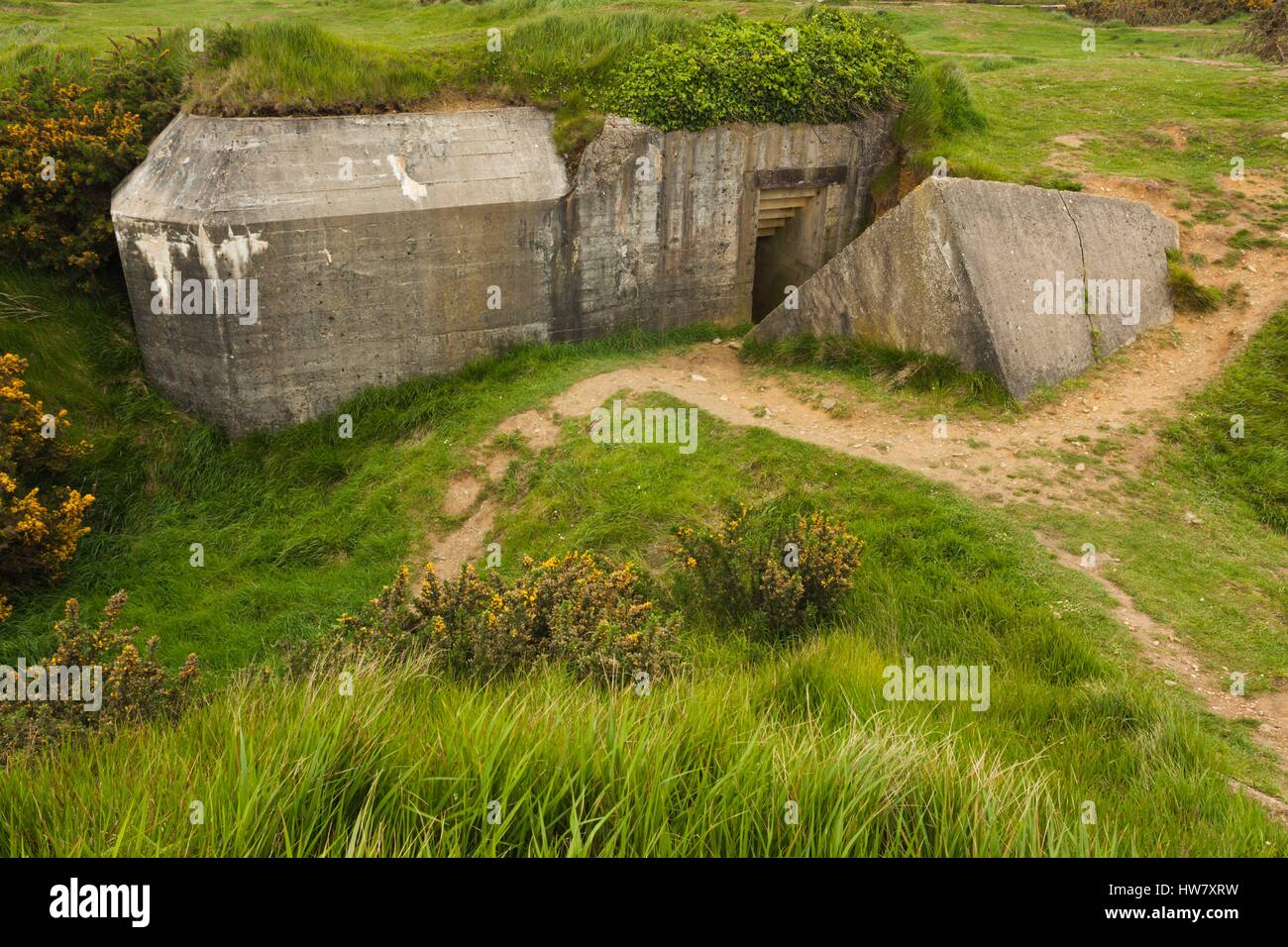 Calvados, d-Day Strände Gegend, Saint-Pierre-du-Mont, France, Pointe du Hoc US Ranger Memorial, Ruinen der deutschen Bunker WW2-Ära Stockfoto