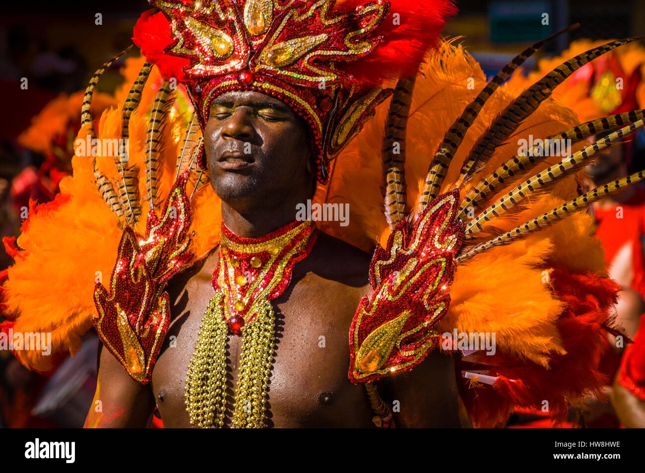 Frankreich, Guadeloupe, Grande Terre, Pointe a Pitre, Porträt eines Mannes in der Gruppe Transformation von Baie Mahault Pikanga, während der Parade der Fastnacht Stockfoto