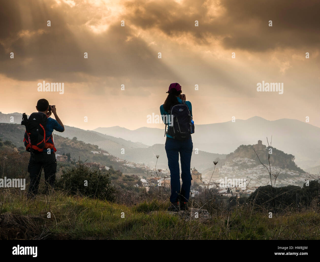 Wandern. Panoramablick auf den Sonnenuntergang, Provinz Montefrio Granada, Andalusien Süd Spain.Europe Stockfoto