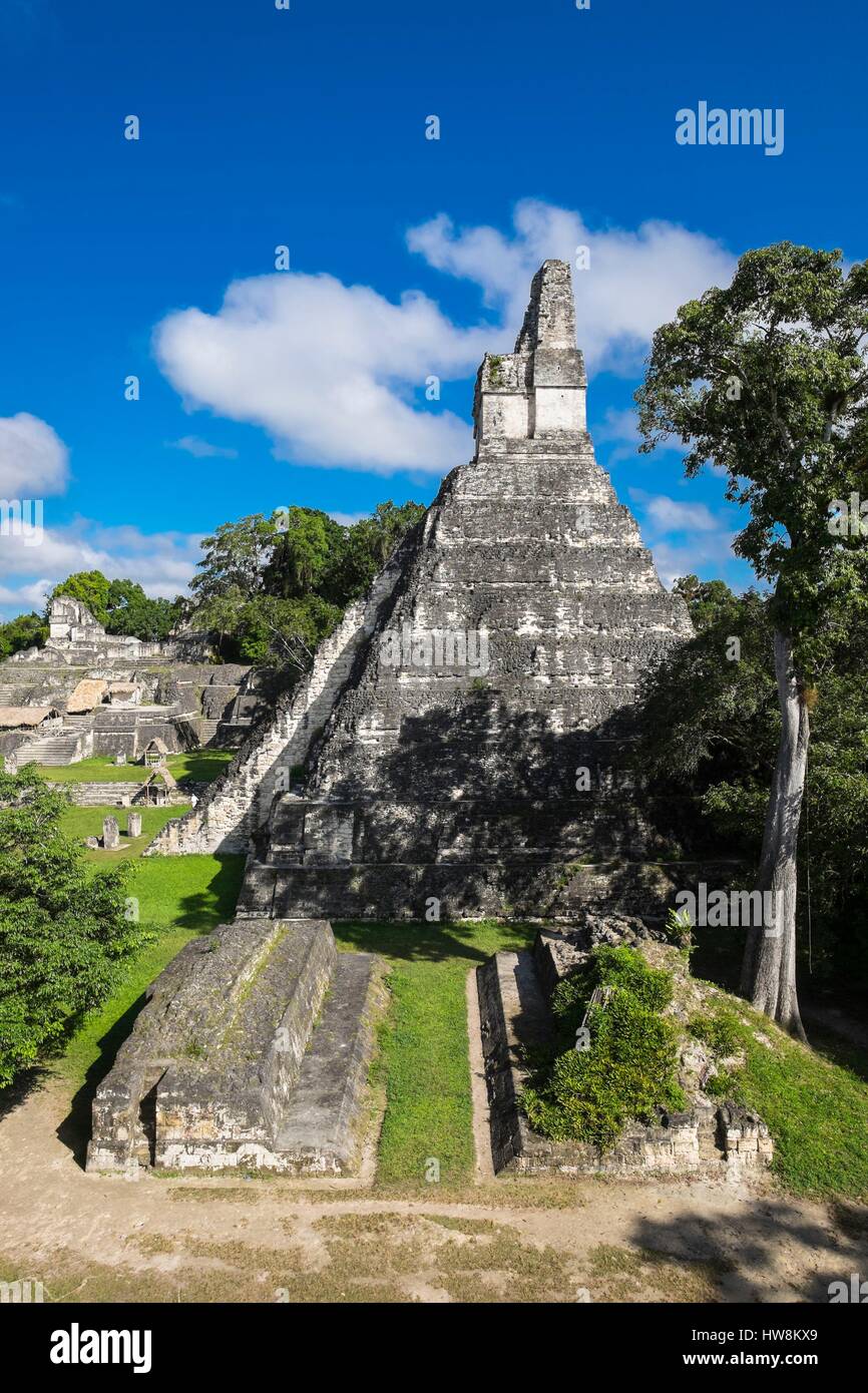 Guatemala, Petén Abteilung Tikal Nationalpark, ein UNESCO-Weltkulturerbe Website, Gran Plaza Tempel ich oder Tempel des großen Jaguar Stockfoto