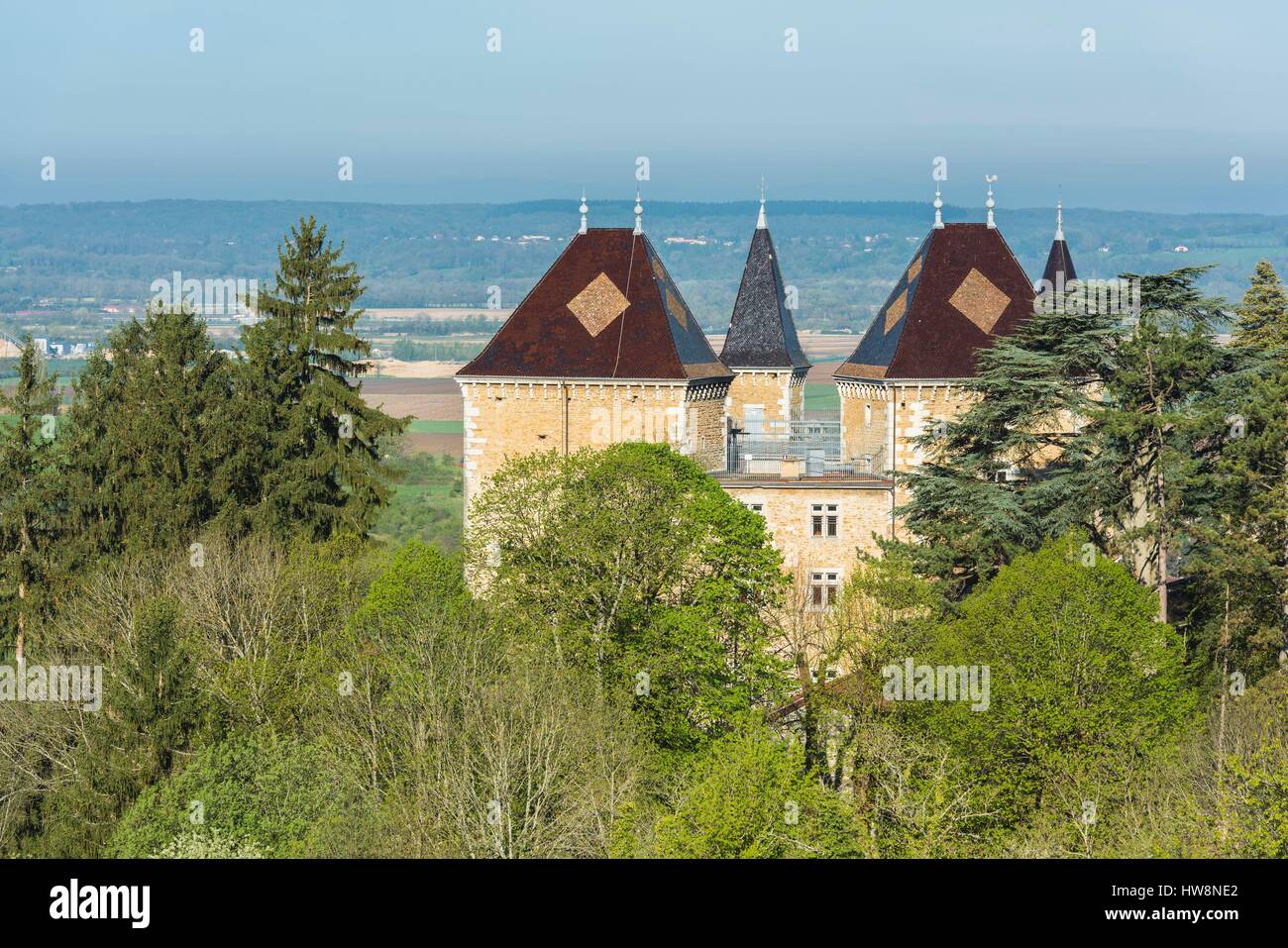 Frankreich, Ain, Bugey Region, Saint-Jean-le-Vieux, Varey Burg ist 12. Jahrhundert befestigte Burg, restauriert im 19. Jahrhundert Stockfoto