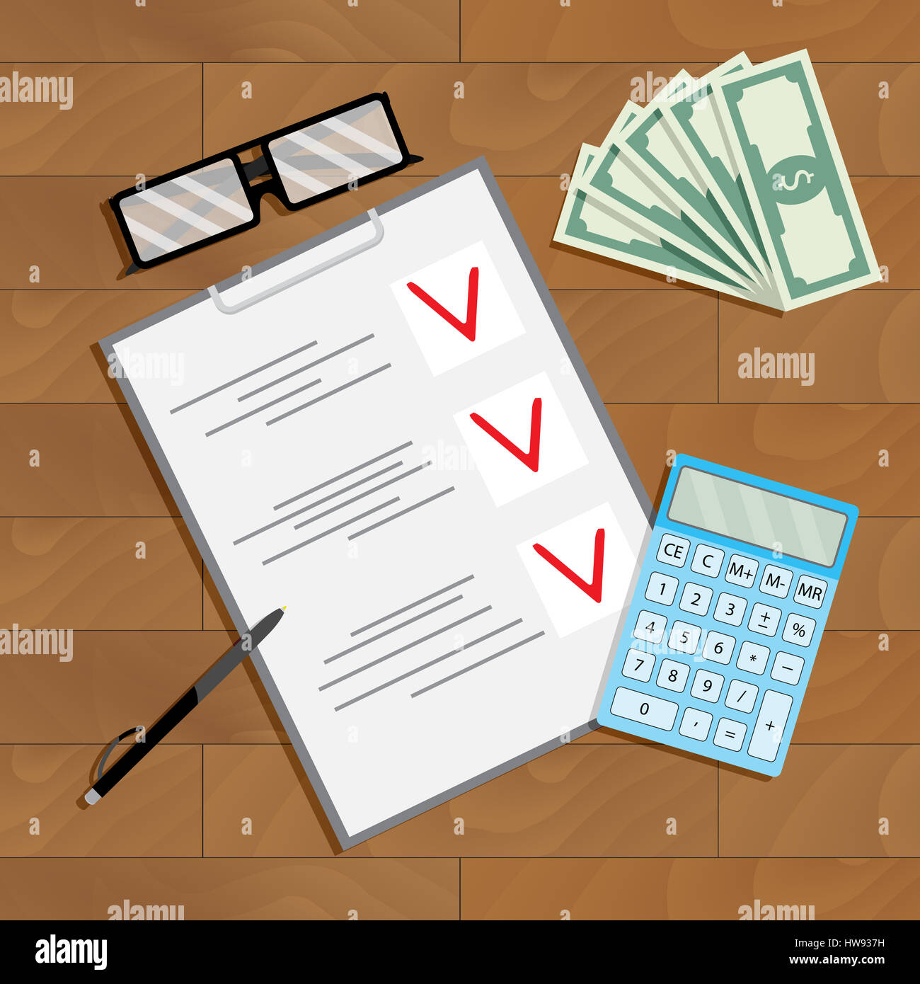 Finanzplanung und zählen. Audit-Verfahren, untersuchen und analysieren, Banknote Ansicht Tischplatte, Vektor-illustration Stockfoto