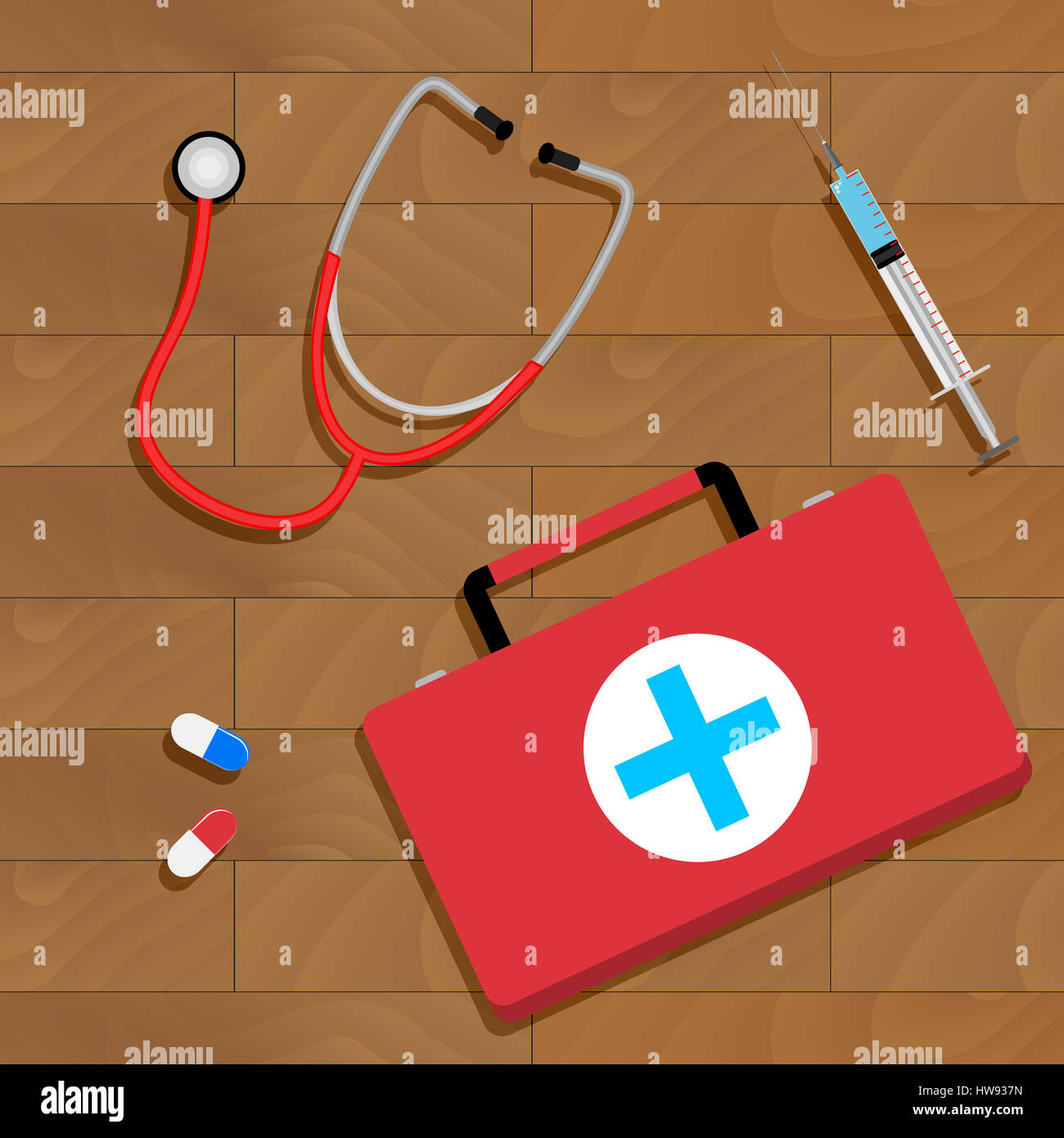 Werkzeuge des Arztes auf Tabelle. Herr Doktor Arbeitsplatzkonzept, diagnostische und instrument. Vektor-illustration Stockfoto