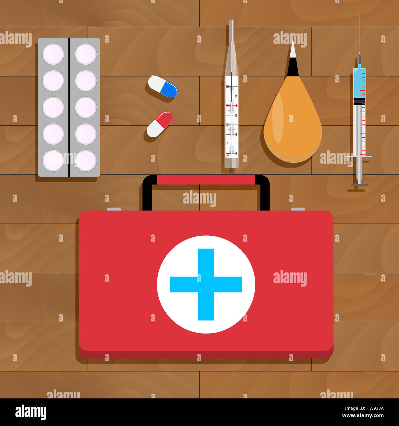 Medizinische Behandlung und Werkzeuge. Medizinische Versorgung, Impfung und Grippe Injektion. Vektor-illustration Stockfoto