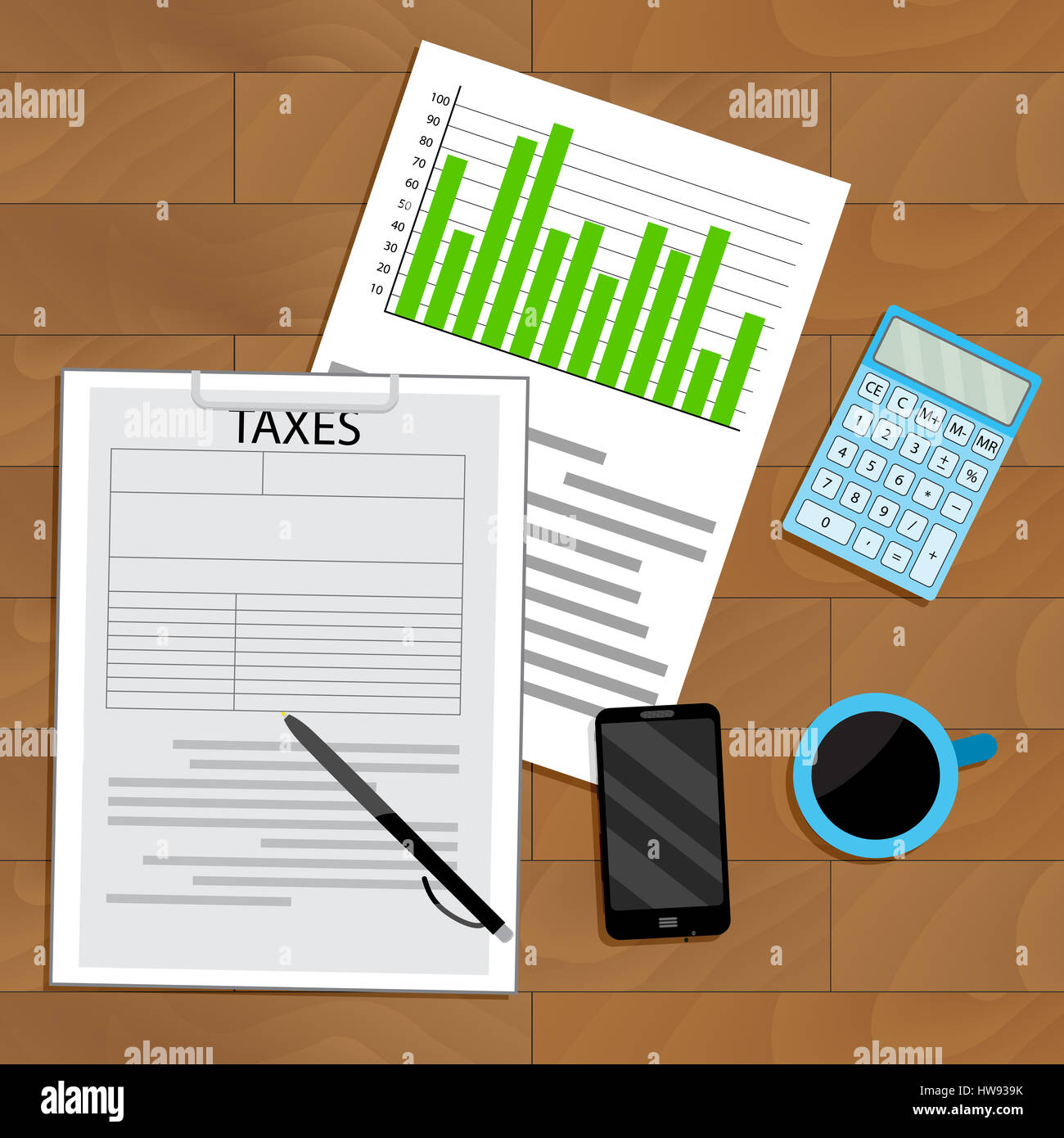 Steueranalyse und Statistiken. Anzeigen Top Holztisch, Geschäftsstatistik und Buchhaltung Finanzbericht, Vektor-illustration Stockfoto