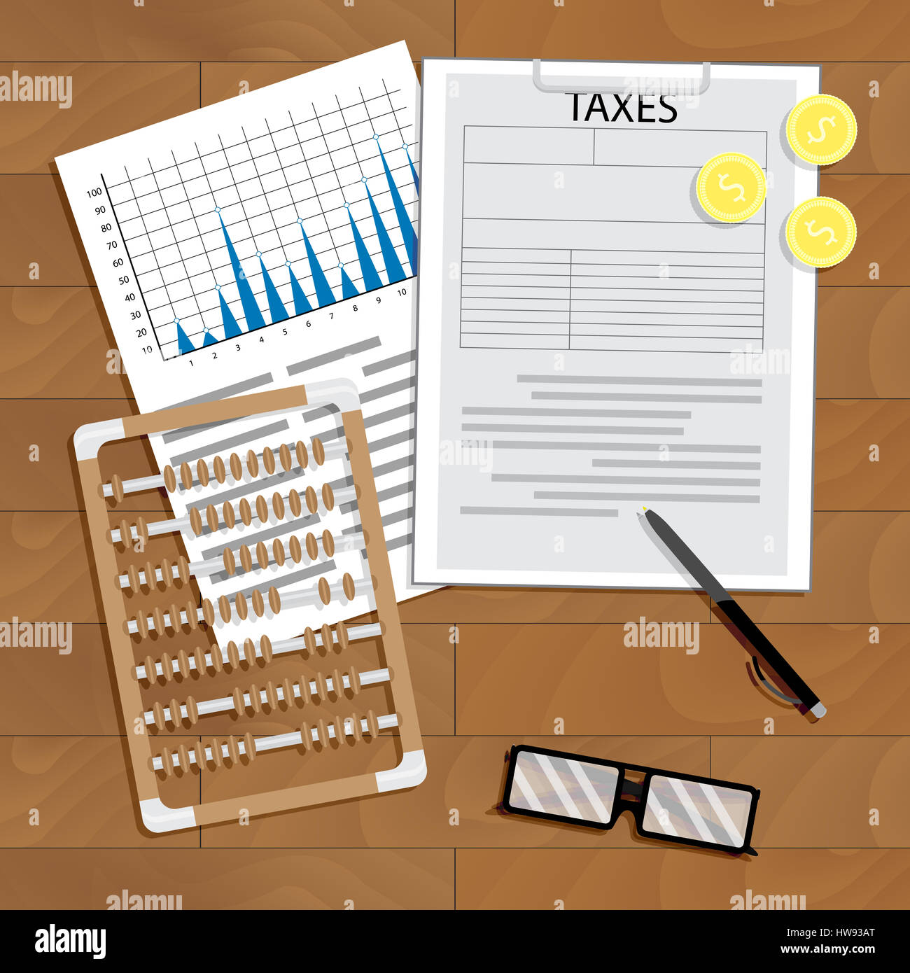 Analyse der Zahlung von Steuern. Statistische Berechnung, Einkommen und Audit mit Abacus, Vektor-illustration Stockfoto