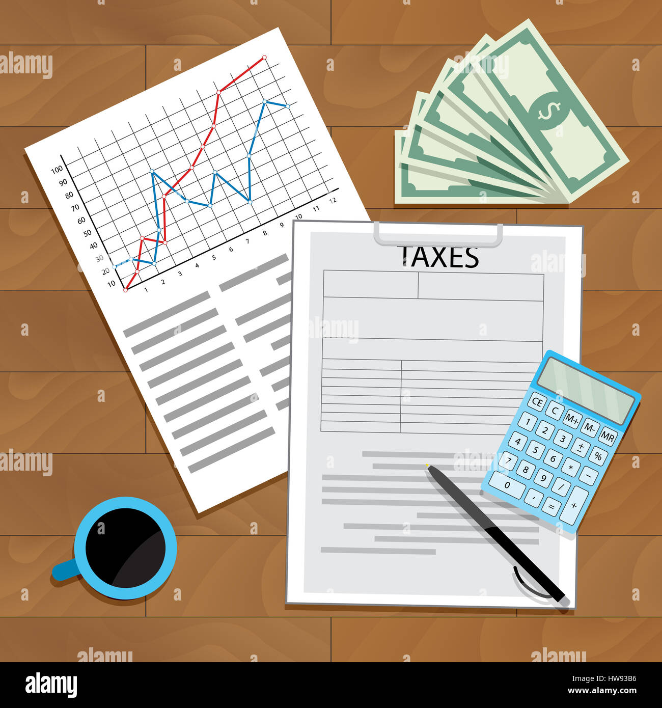 Zählen Sie Steuern für Jahr. Statistik zu finanzieren und Steuer zu berechnen. Vektor-illustration Stockfoto
