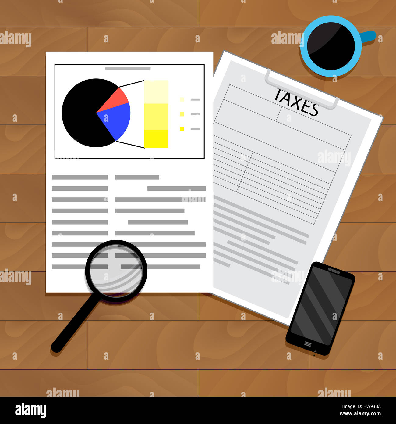 Analyse der Besteuerung. Buchhaltung-Analyse-Diagramm, Dokument Jahreseinkommen, Vektor-illustration Stockfoto
