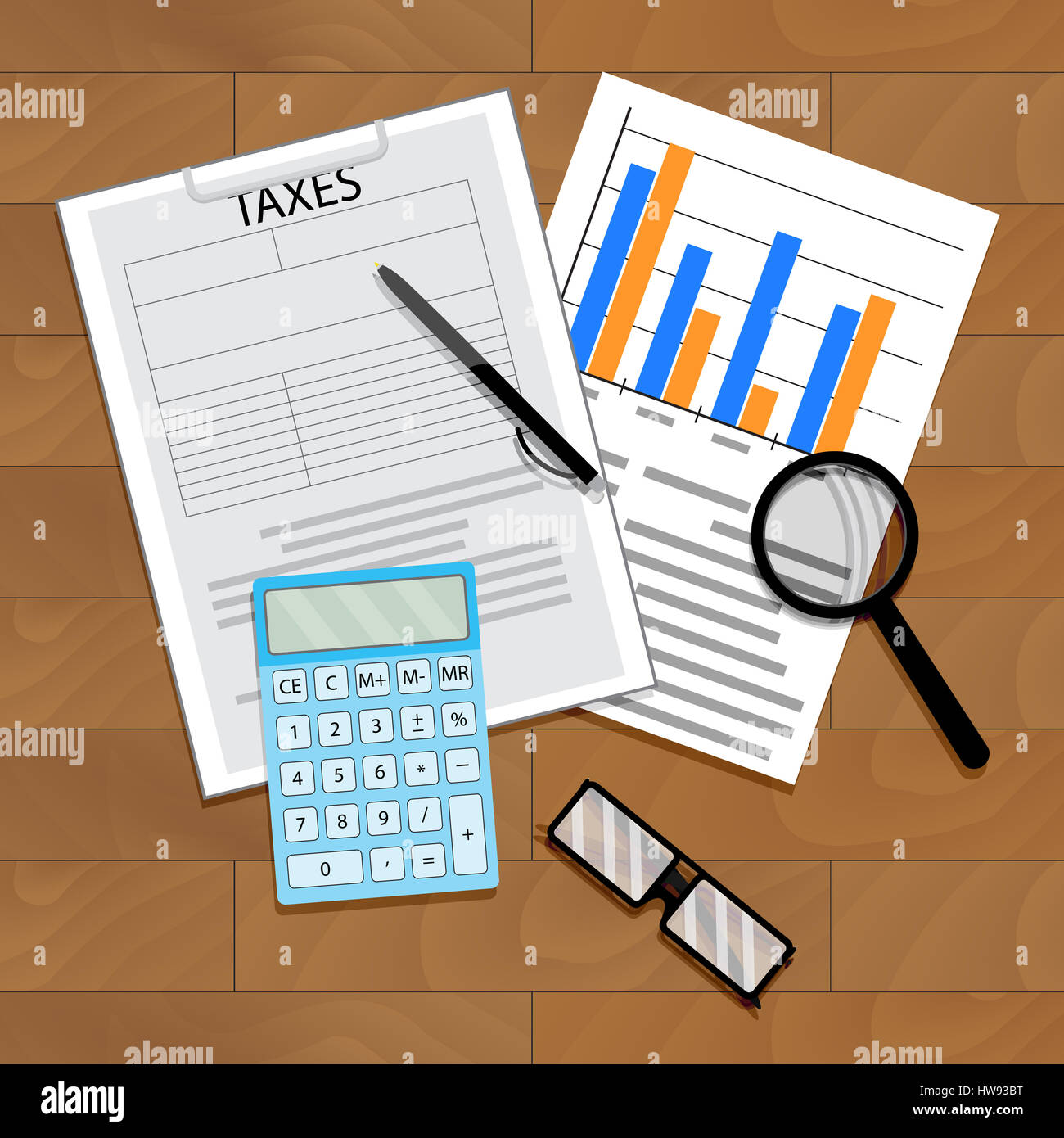 Steuer-Statistik-Vektor. Wirtschaft-Statistik Bankensteuer. Rechner und Diagramm Daten auf Tabelle illustration Stockfoto