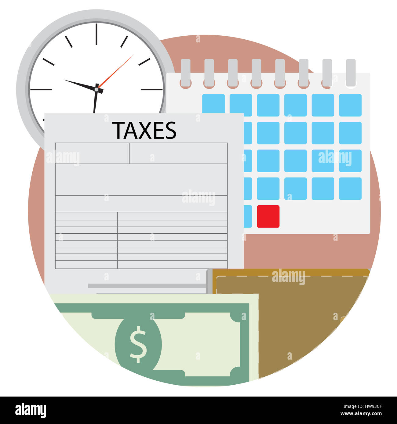 Zeit bezahlen Steuer Symbol. Brieftasche und Bargeld, Steuerbeleg, Einkommen Bundessteuer, Vektor-illustration Stockfoto