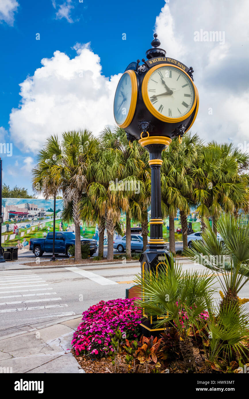 Ausgefallene Uhr auf Straße in Lake Placid Florida bekannt als die Stadt Wandbilder Stockfoto