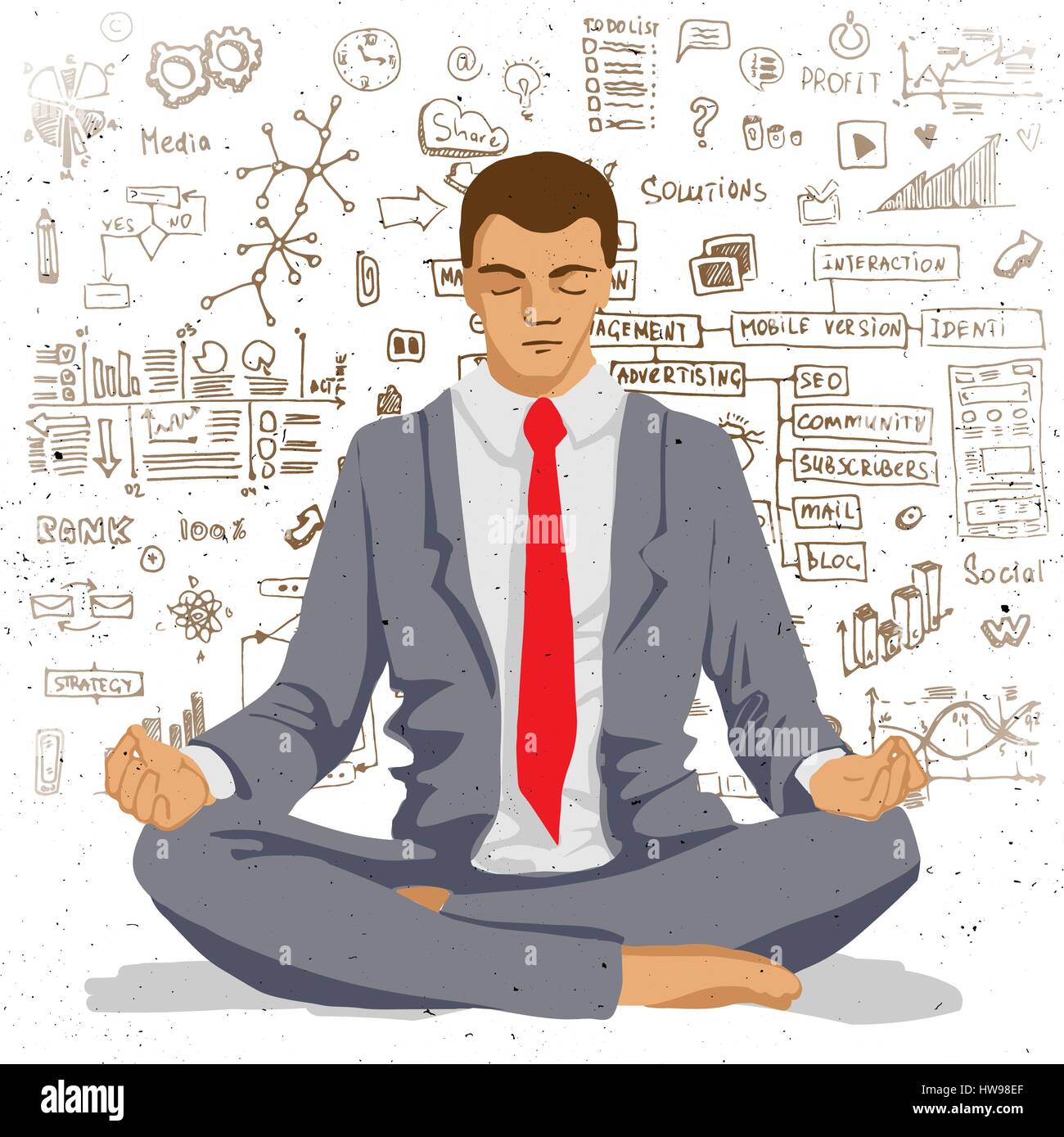 Meditieren mit Hintergrund des sozialen Netzwerks Geschäftsmann Kritzeleien Skizzenelementen Stock Vektor