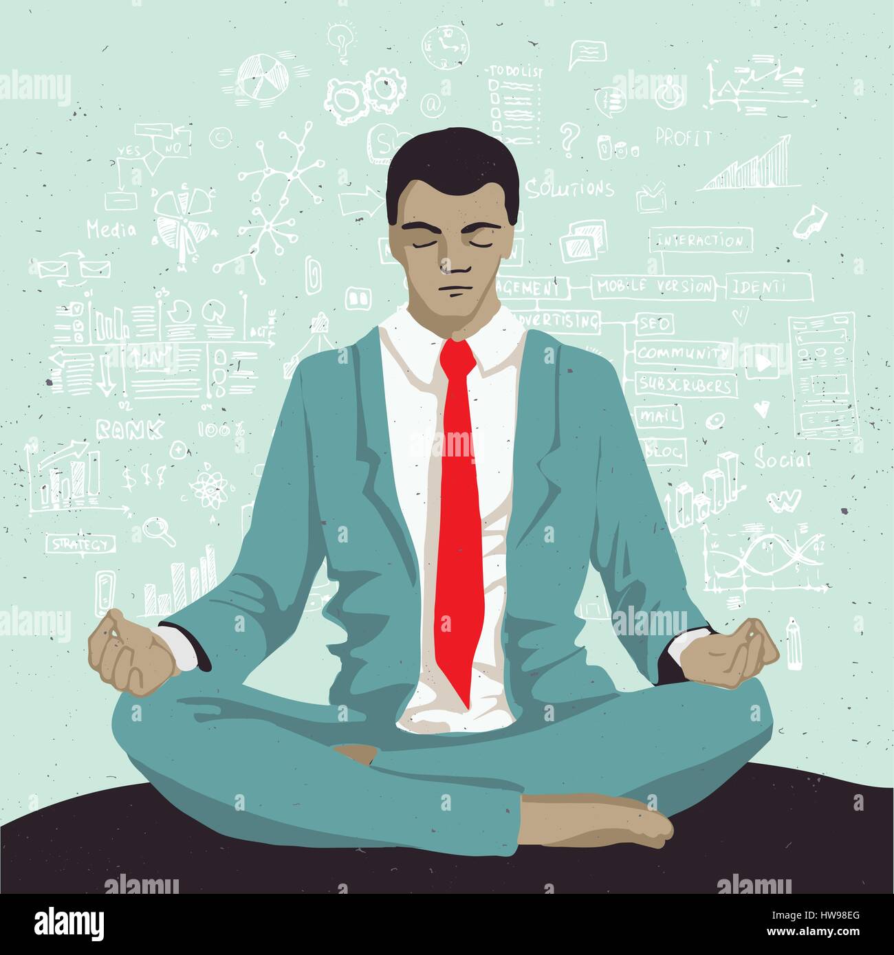 Meditieren mit Hintergrund des sozialen Netzwerks Geschäftsmann Kritzeleien Skizzenelementen Stock Vektor