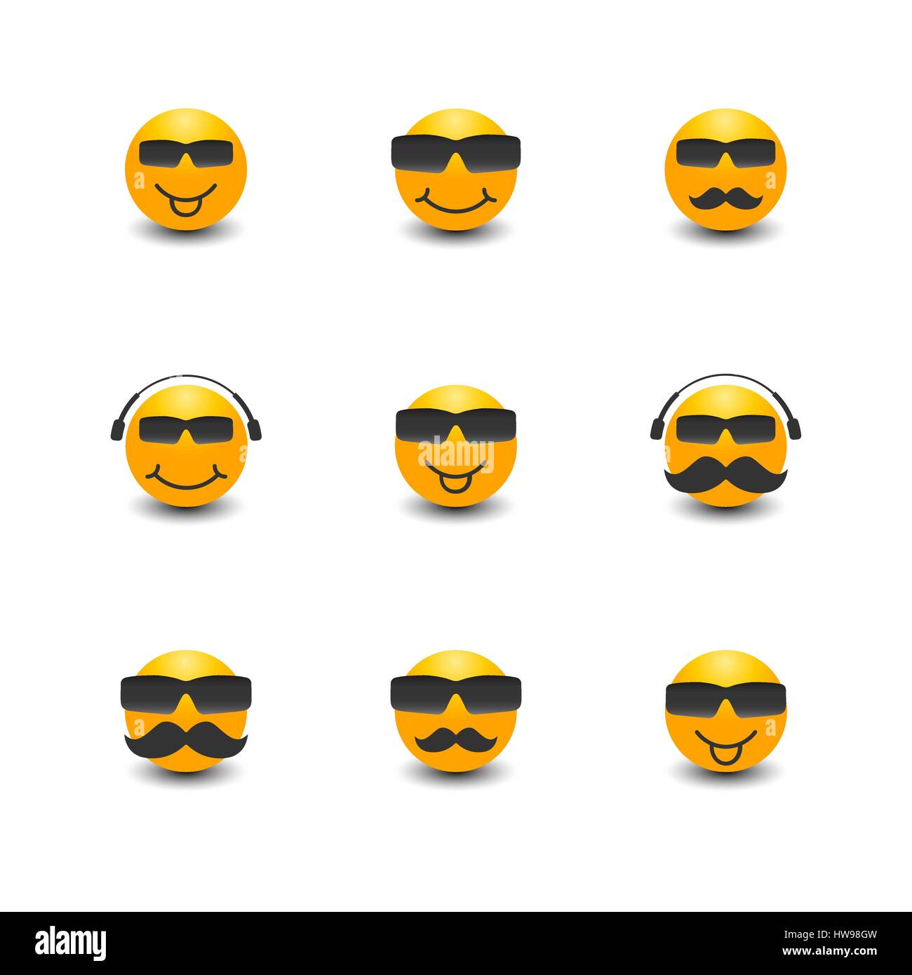 Lustiges Gesicht mit einem Schnurrbart, Sonnenbrille, Kopfhörer, isoliert auf weißem Hintergrund, Vektor-Illustration. Stock Vektor