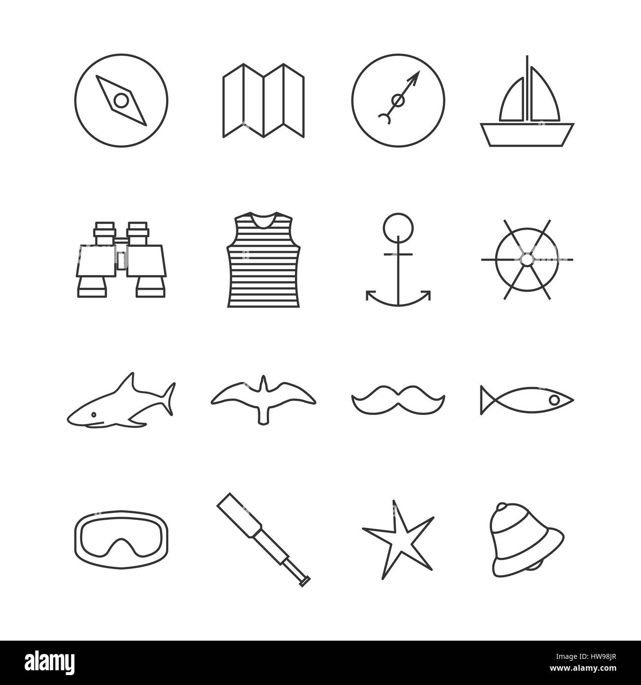 Set Icons skizzieren nautischen von dünnen Linien, isoliert auf weißem Hintergrund. Design-Elemente marine Navigationselemente, Vektor-Illustration. Stock Vektor