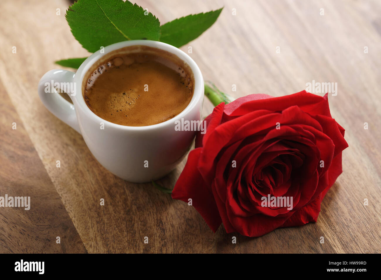frischer Espresso mit roter rose Blume Stockfoto