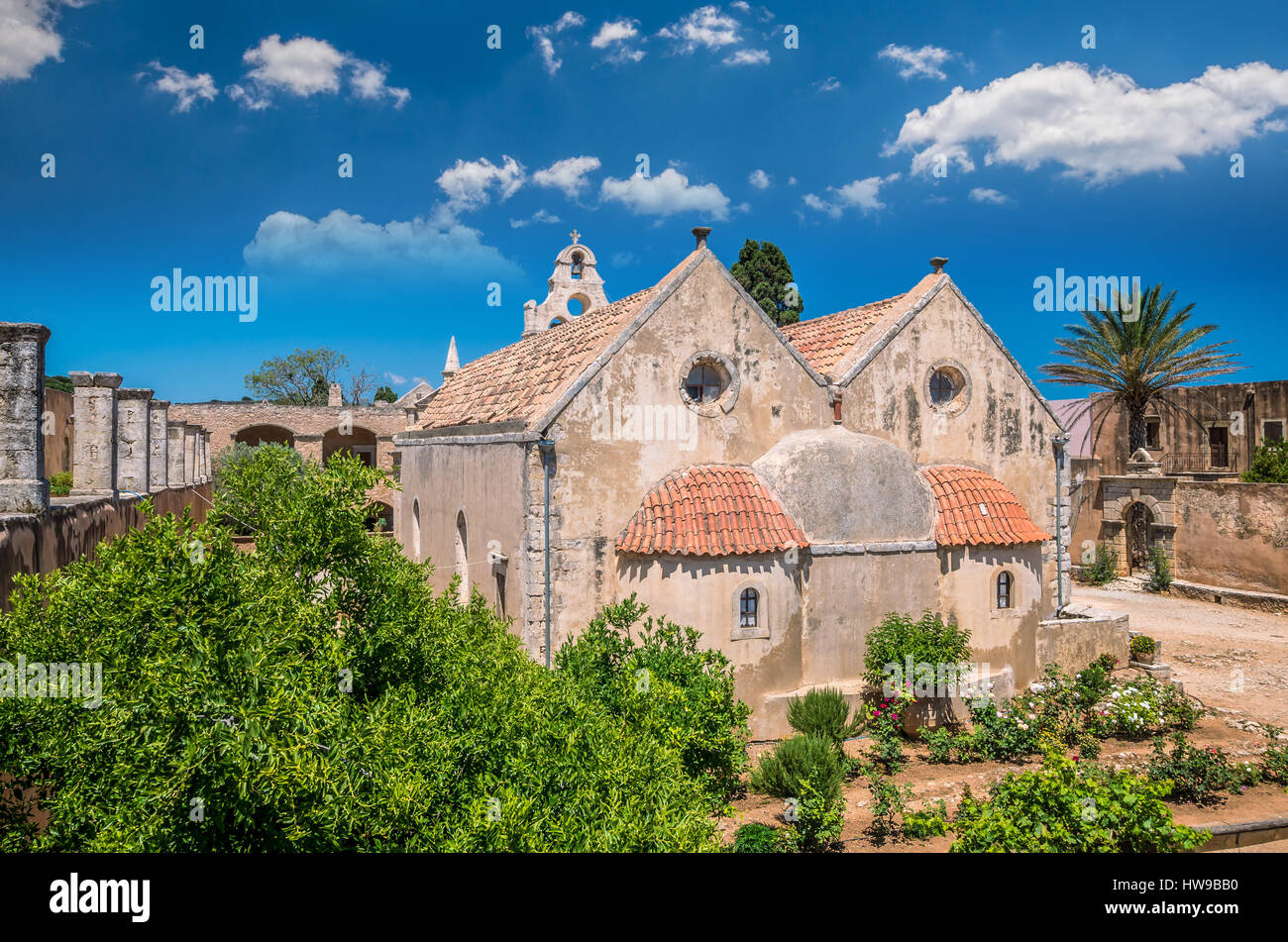 Arkadi Kloster auf der Insel Kreta, Griechenland. Ekklisia Timios Stavros - Moni Arkadiou in griechischer Sprache. Es ist ein venezianischer Barock-Kirche. Stockfoto