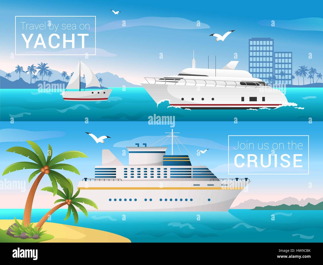 Vektor-Reisen Banner gesetzt. Yacht in der Bucht der Tropeninsel, Ozean Sea cruise Liner auf den Inseln. Stock Vektor