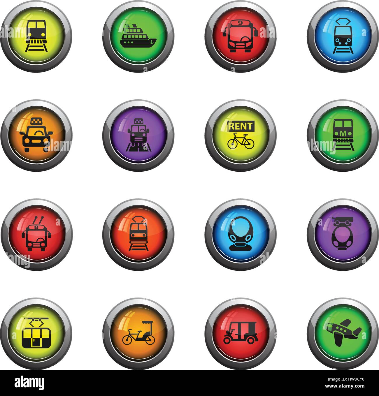 ÖPNV-Symbole auf Farbe Runde Glas-Tasten für Ihr design Stock Vektor