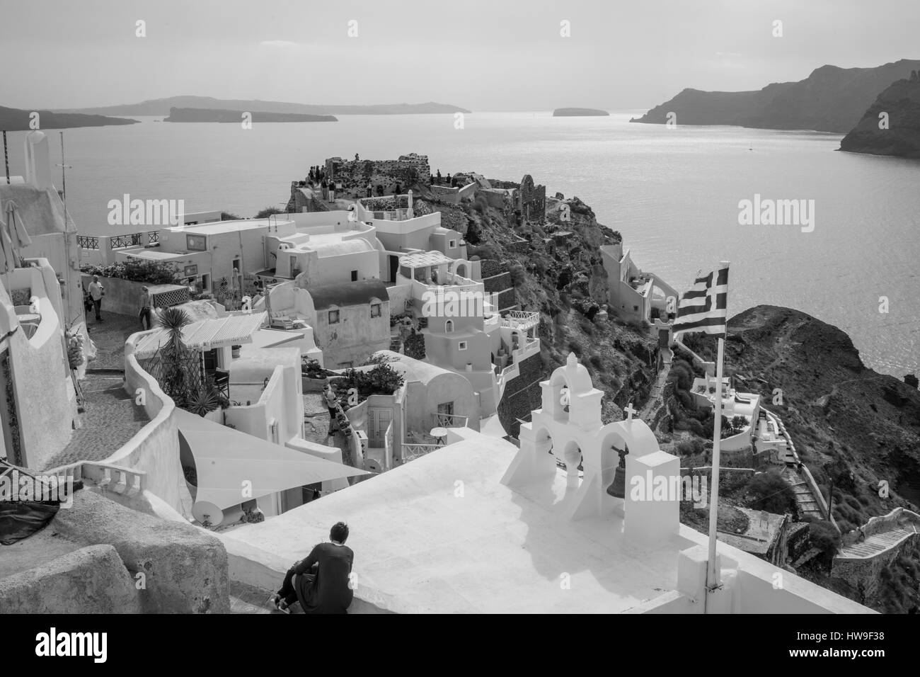 Ein Blick auf die Insel Santorini in Griechenland. Stockfoto