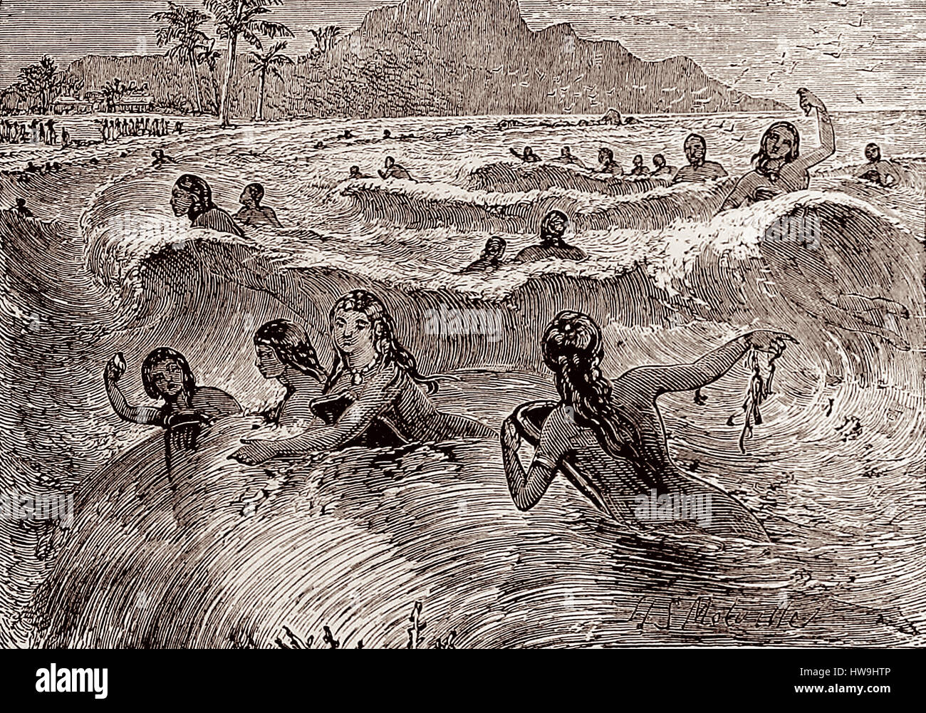 Kupferstich von Surf-schwimmen (Surfen) in Hawaii, c1888. Stockfoto