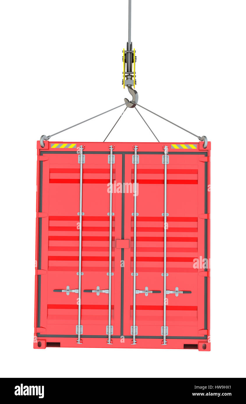 Roten Frachtcontainer gehievt durch Haken Stockfoto