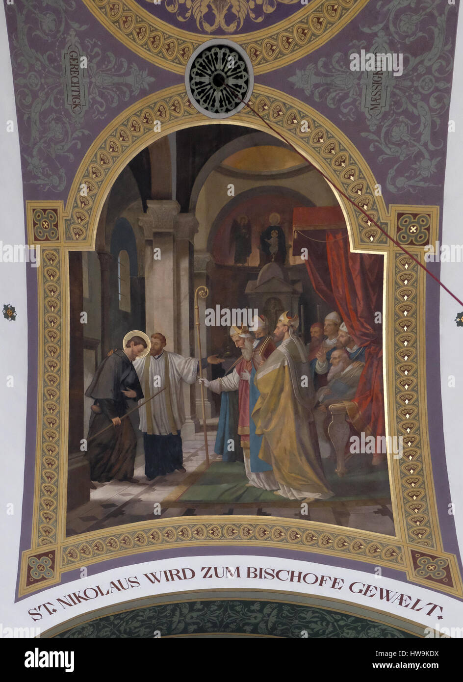 Der Heilige Nikolaus, Fresko Gemälde in Pfarrkirche St. Nikolaus in Bad Ischl, Österreich am 14. Dezember 2014. Stockfoto