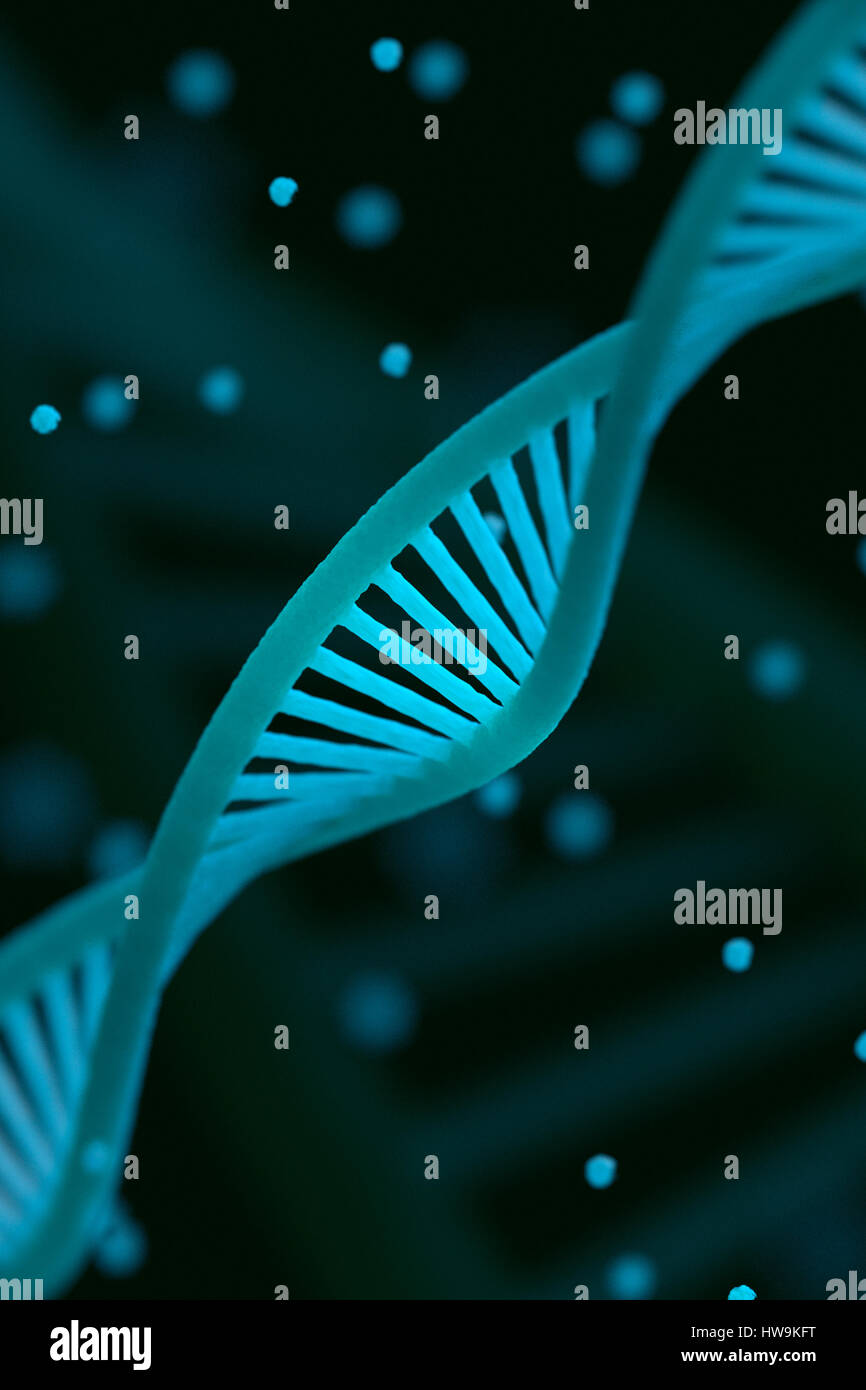 DNA-Kette Macroshot. Sehr detaillierte Render. Blaue Farbe. Wissenschaftlicher Hintergrund oder medizinischen Hintergrund. Ideal für Poster, Bucheinband, Flyer oder Ordner. Sha Stockfoto