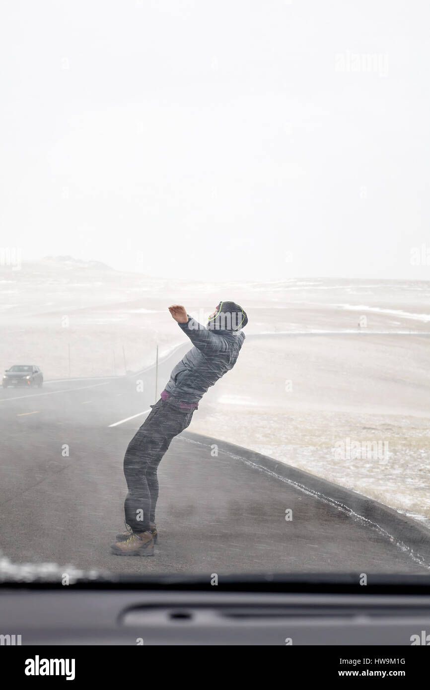 Frau versucht, Schneegestöber gesehen durch eine Windschutzscheibe entgegenstellen. Stockfoto