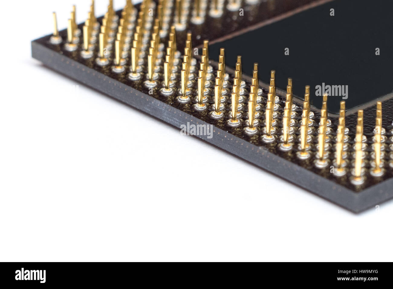 Makro-Detail der CPU Central Processing Unit Mikrochip isoliert auf weißem Hintergrund Stockfoto