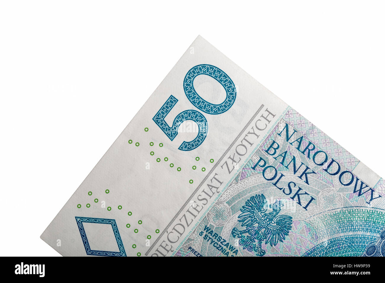 Polnische Geld Rechnung 50 Zloty Ecke Fragment Makro isoliert auf weißem Hintergrund Stockfoto