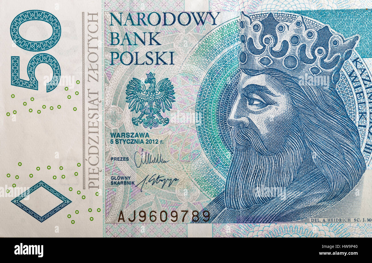 Polnische Geld Rechnung 50 Zloty Makro mit Porträt des Königs von Polen Casimir III das große. Stockfoto