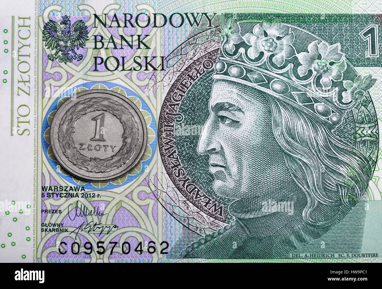 Polen 100 Zloty 50 Banknoten und Münzen-Makro Stockfoto