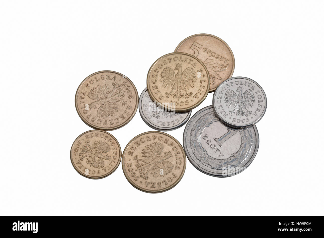 Haufen von polnischer Zloty Münzen Geld isoliert auf weißem Hintergrund, Nahaufnahme Stockfoto