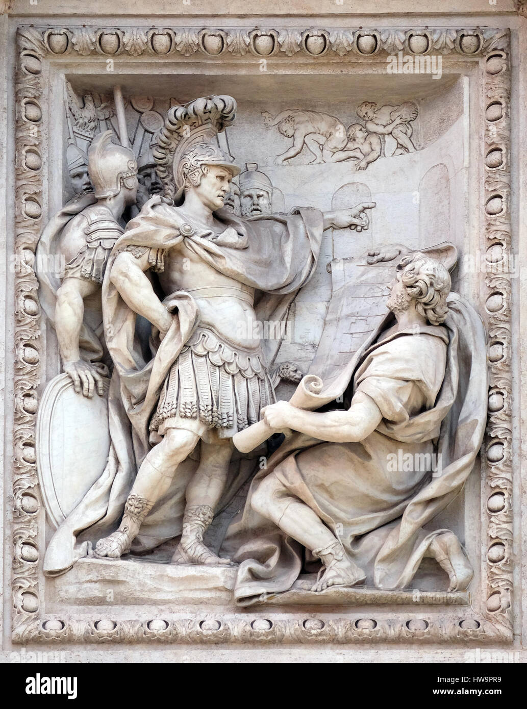 Agrippa handeln, um den Bau des Aquädukts Aqua Virgo am Trevi-Brunnen in Rom zu genehmigen. Stockfoto