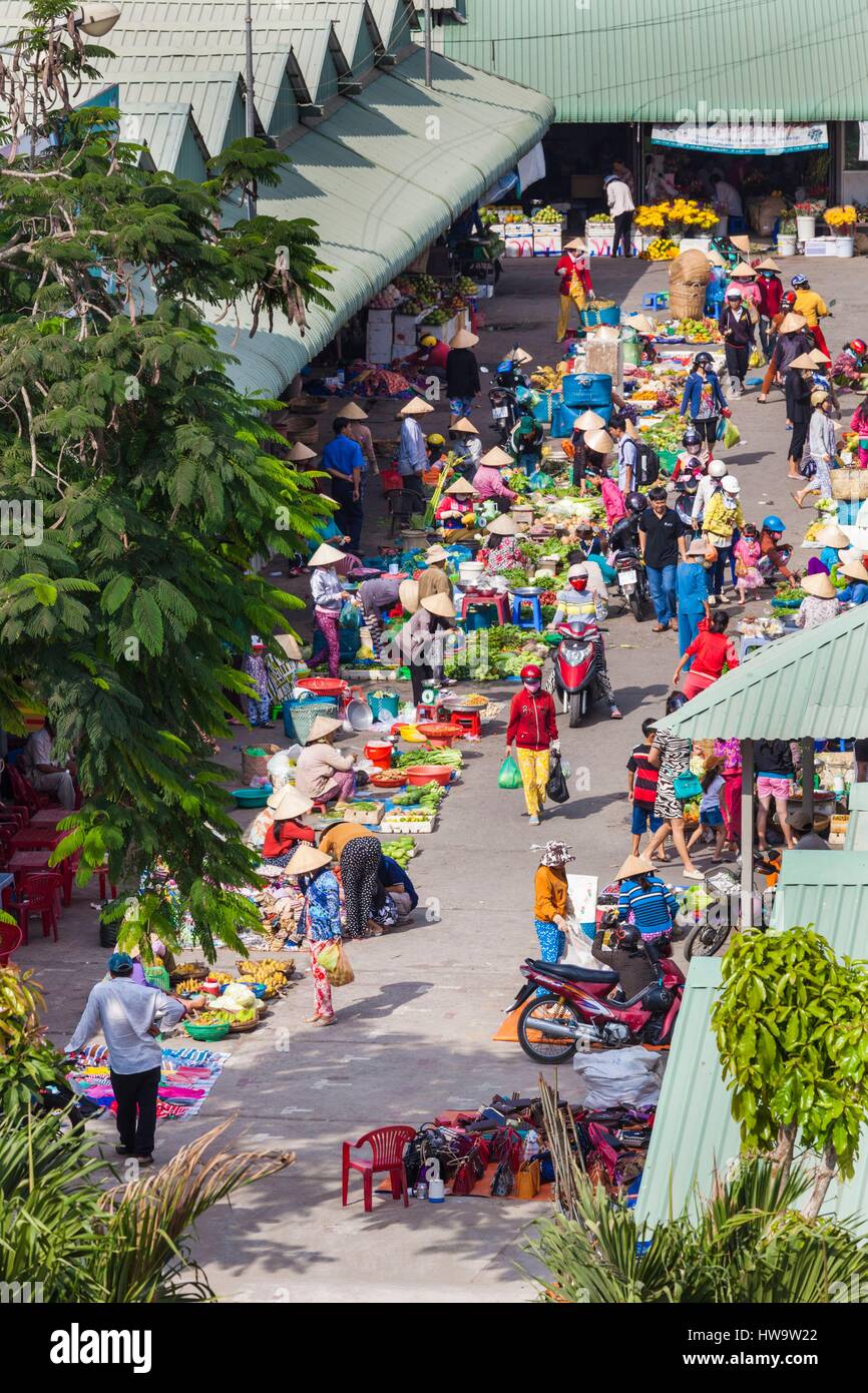 Mekong-Delta, Vietnam Cai Rang, Cai Rang schwimmende Markt, erhöhten Blick auf die Straße Markt Stockfoto