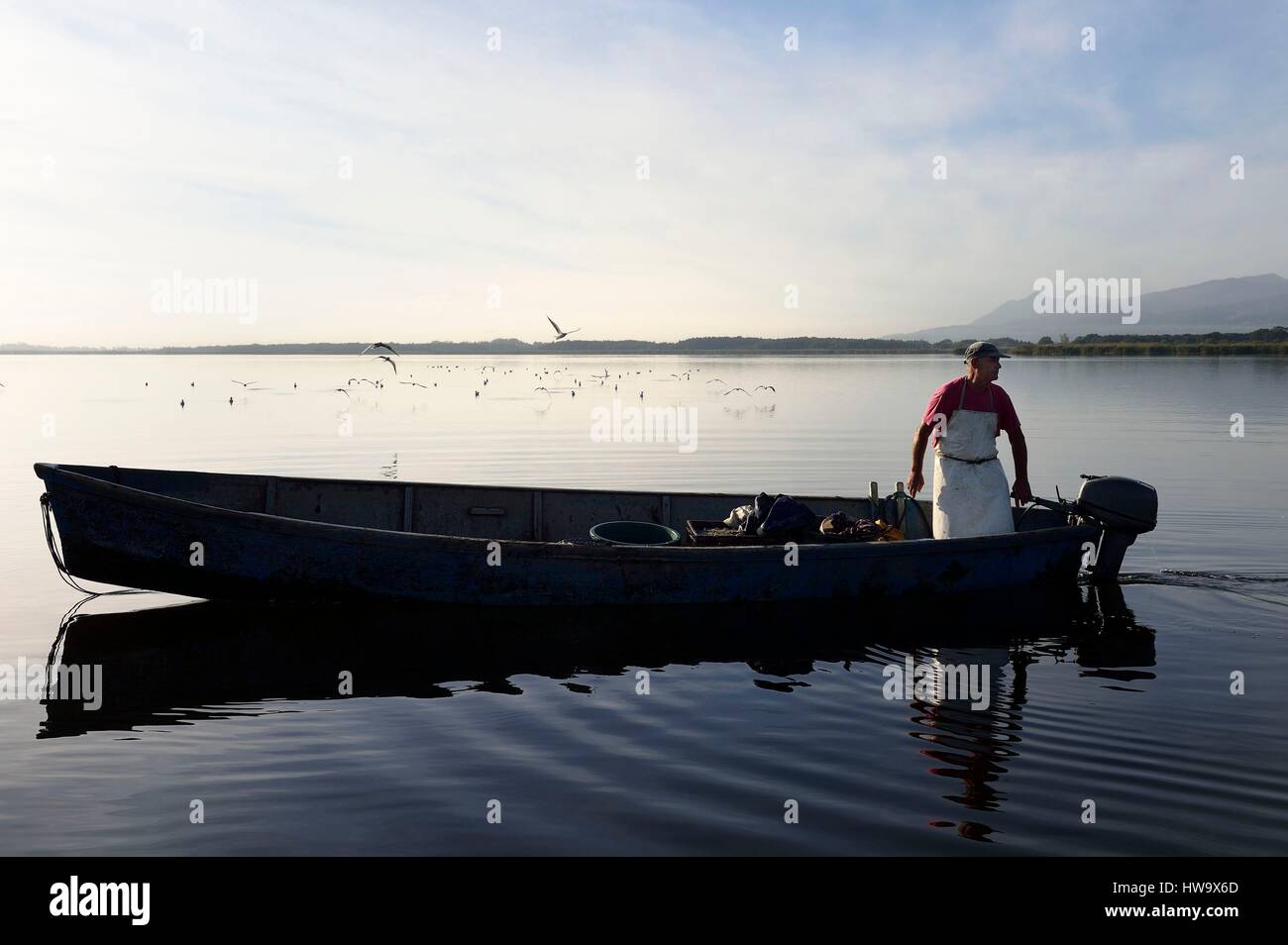 Frankreich, Haute Corse, Fischer in einem Boot auf dem Teich von Biguglia (Stagnu di Chiurlinu), Naturpark von Korsika (RNC) Stockfoto