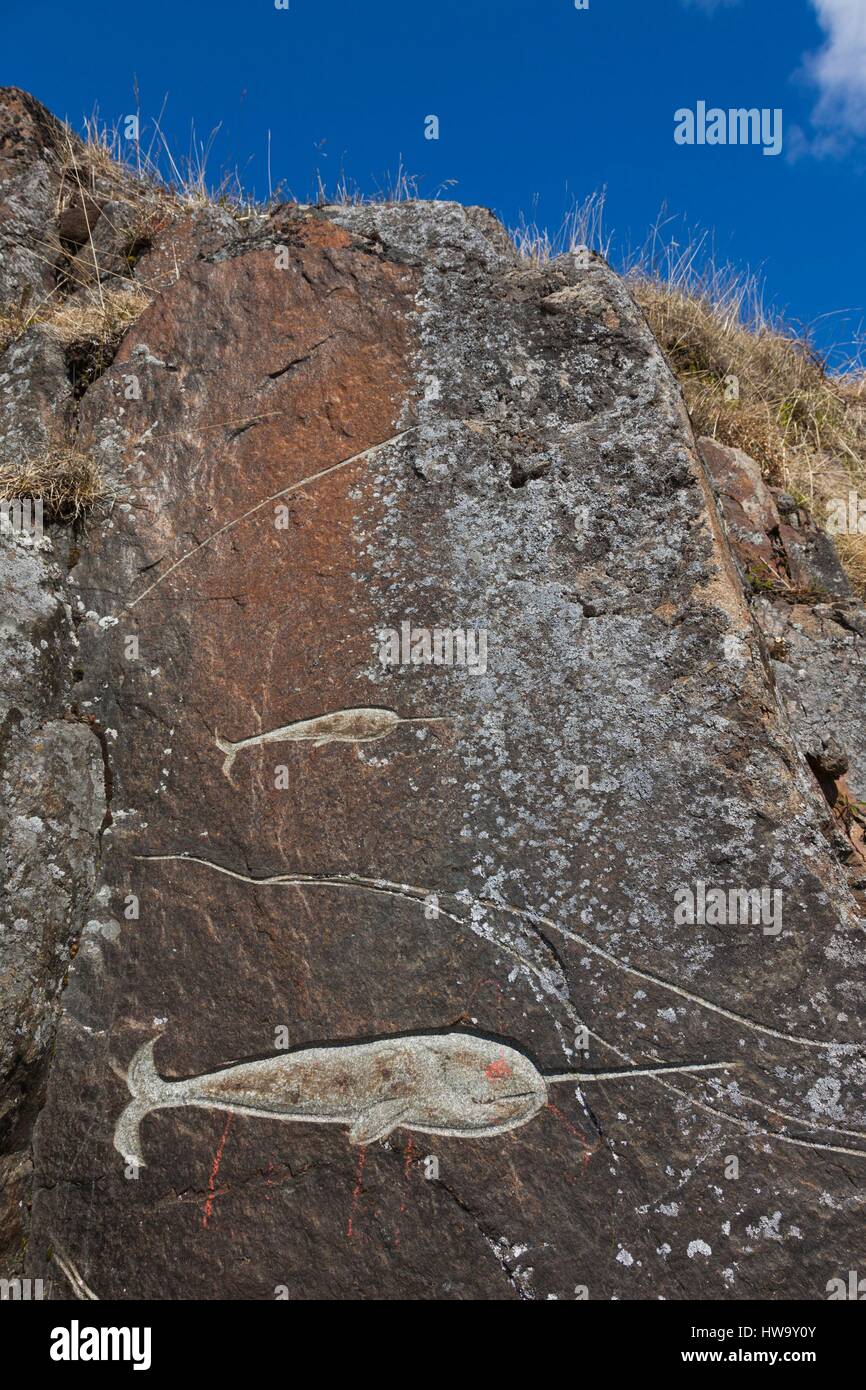 Grönland, Qaqortoq, Stein und Mensch Skulptur im freien Projekt, sie kamen von Aka Hough, 1994 Stockfoto