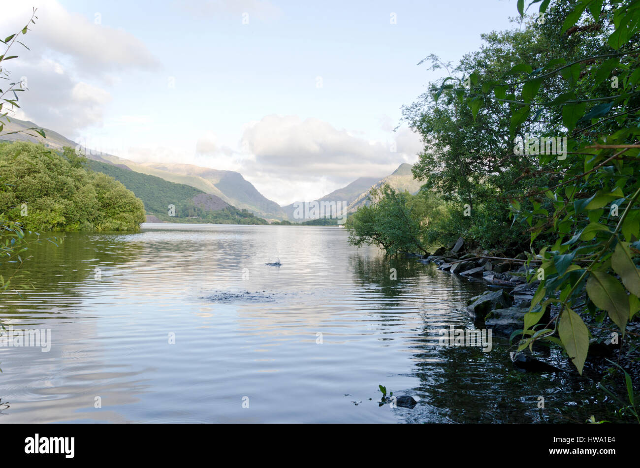 Stone skimming auf Llyn Padarn, Llanberis, North Wales, Vereinigtes Königreich Stockfoto