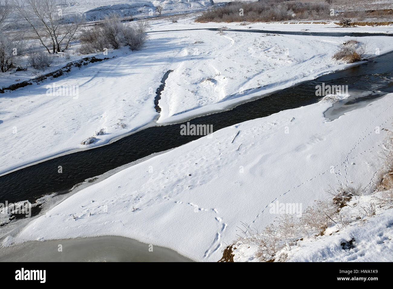 Eisfreie Bergfluss im Winter mit tierischen Trails in der Nähe von Sarykum Barchan. Dagestan, Russland Stockfoto