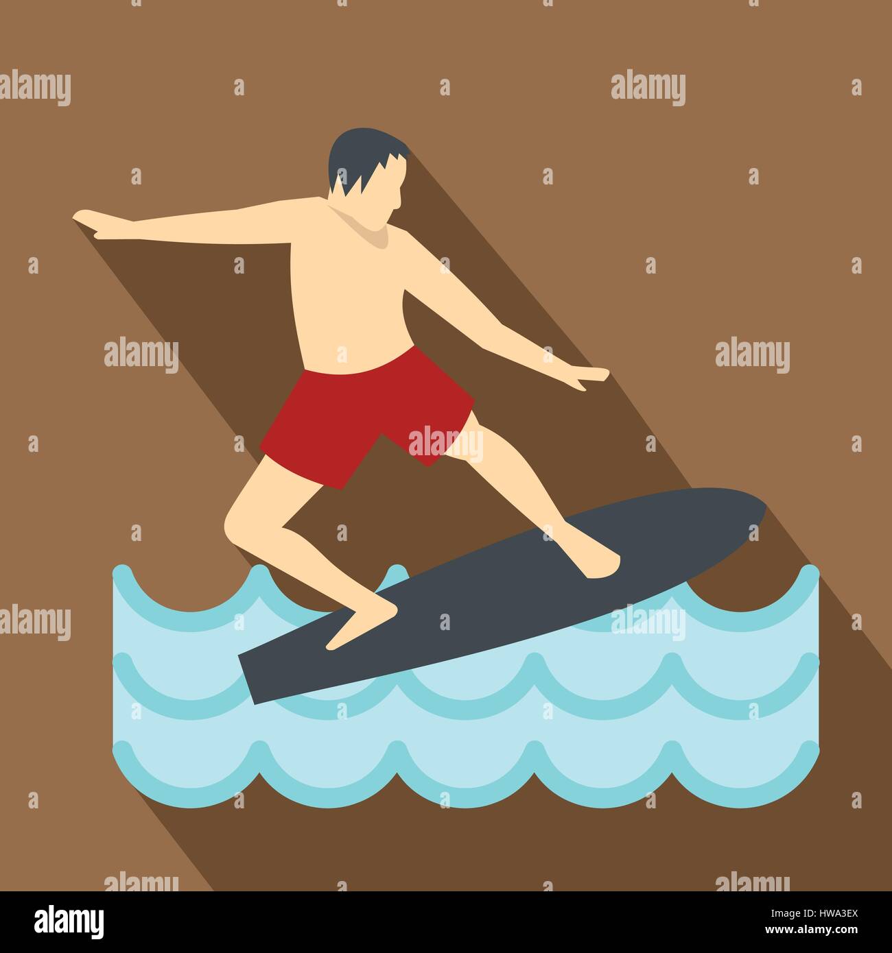 Surfer-Mann auf Surfbrett Symbol, flachen Stil Stock Vektor