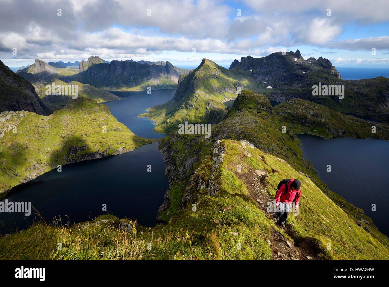 Norwegen, Nordland, Lofoten-Inseln, Moskenesoy Insel, Wandern zum Gipfel des Hermannsdalstinden (der höchste Berg auf der Insel 1029 m), letzte p Stockfoto