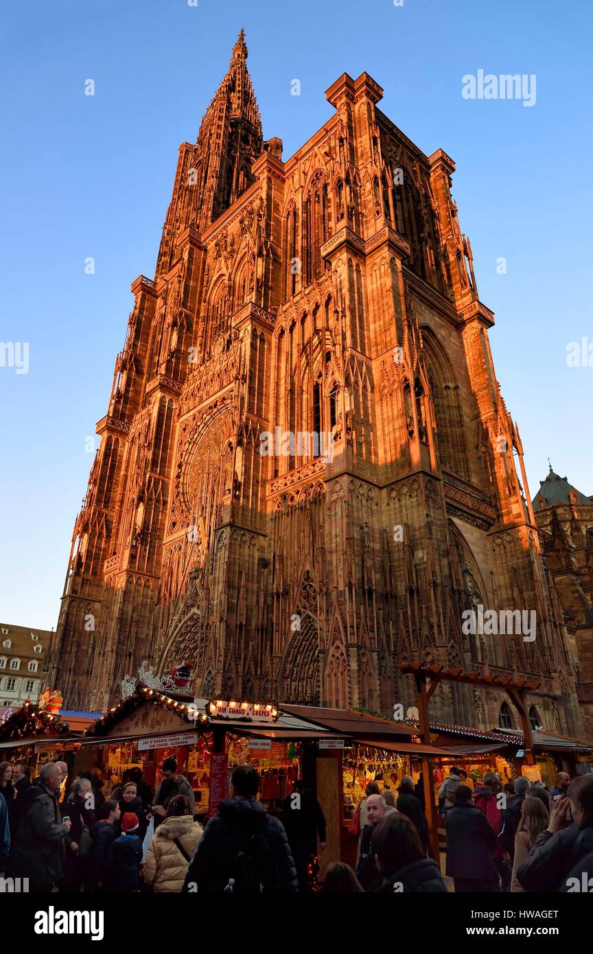 Frankreich, Bas Rhin, Straßburg, Weltkulturerbe der UNESCO, Place De La Cathedrale, Weihnachtsmarkt (Christkindelsmarik) und die Notre-Dame-Katze Stockfoto