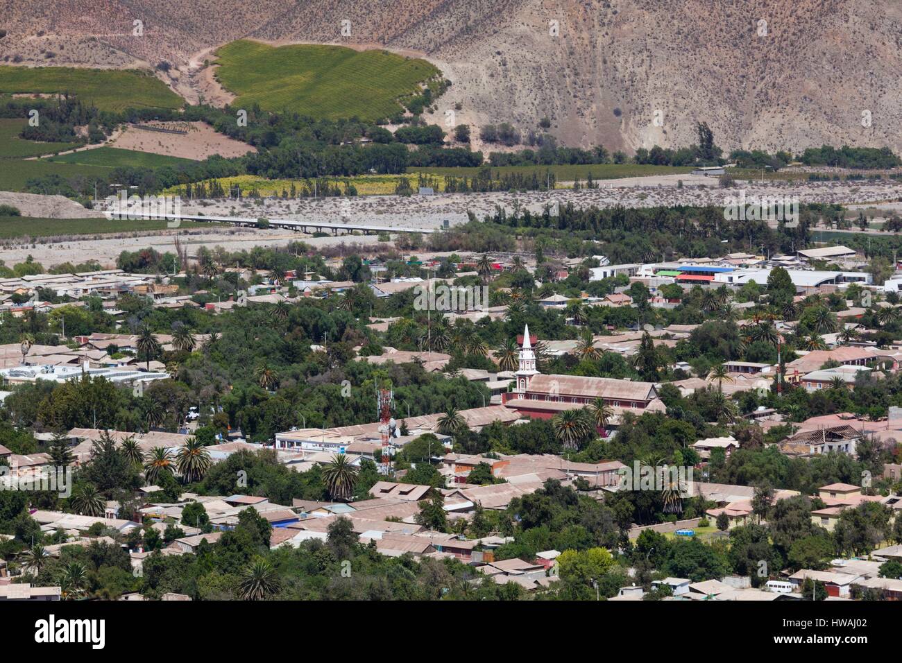 Chile, Elqui-Tal, Vikunja, erhöhten Blick auf die Stadt Stockfoto