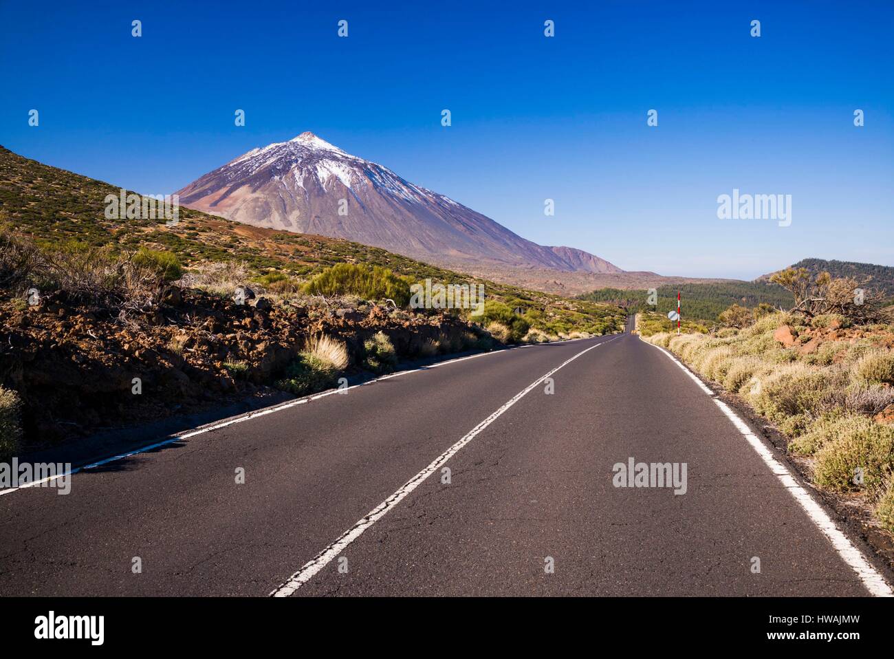 Spanien, Kanarische Inseln, Teneriffa, Valle De La Orotava, Blick auf den Pico del Teide, 3718 m Höhe und die Straße TF-24 Stockfoto