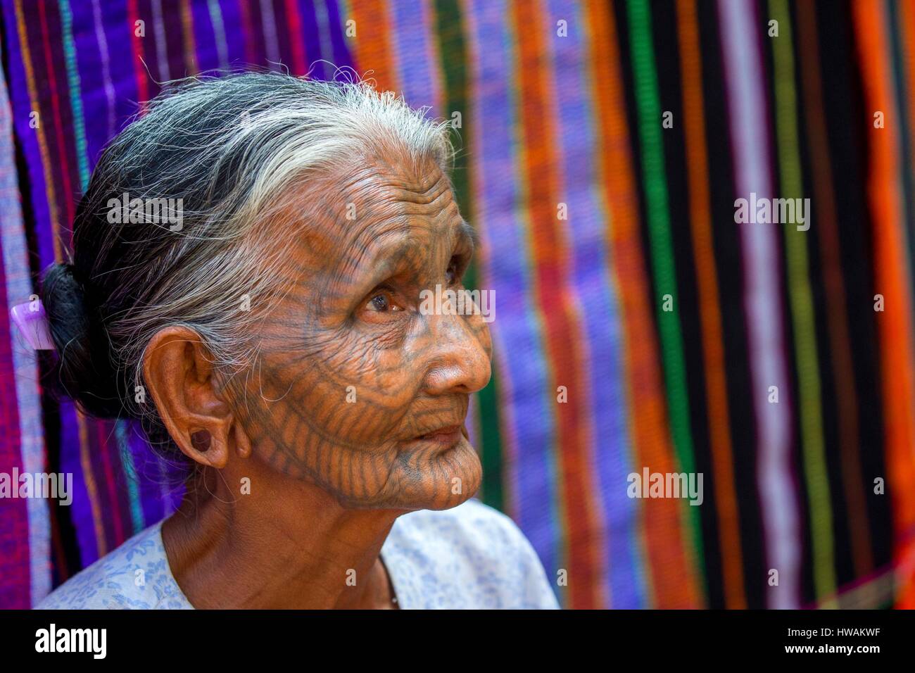 Myanmar, Rakhine-Staat Mrauk U Region, Pan Ba Dorf Tattoed Chin Dame Stockfoto