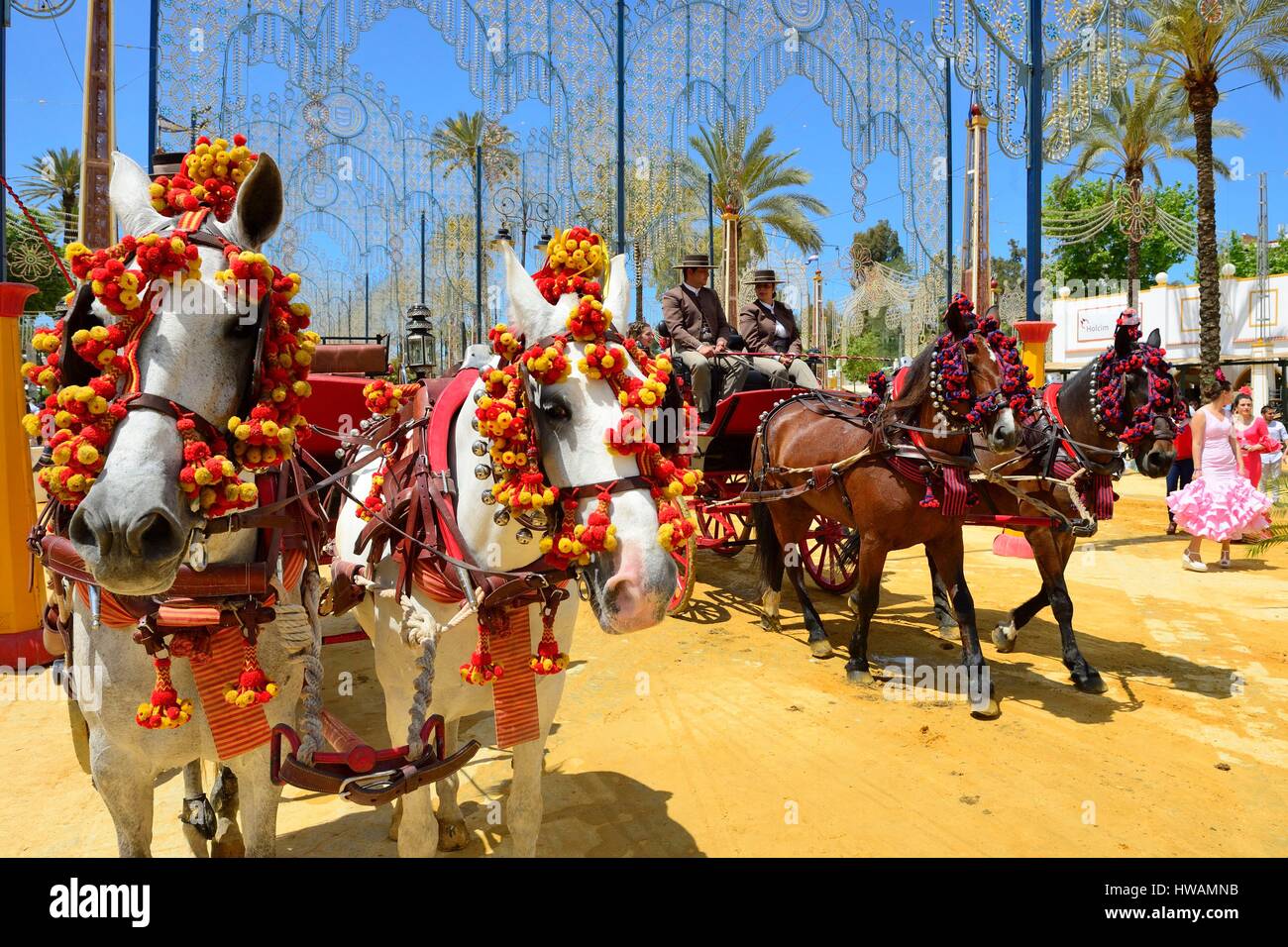 Spanien, Andalusien, Jerez De La Frontera, Feria del Caballo, horse Festival, Pferd Anhängevorrichtung Stockfoto