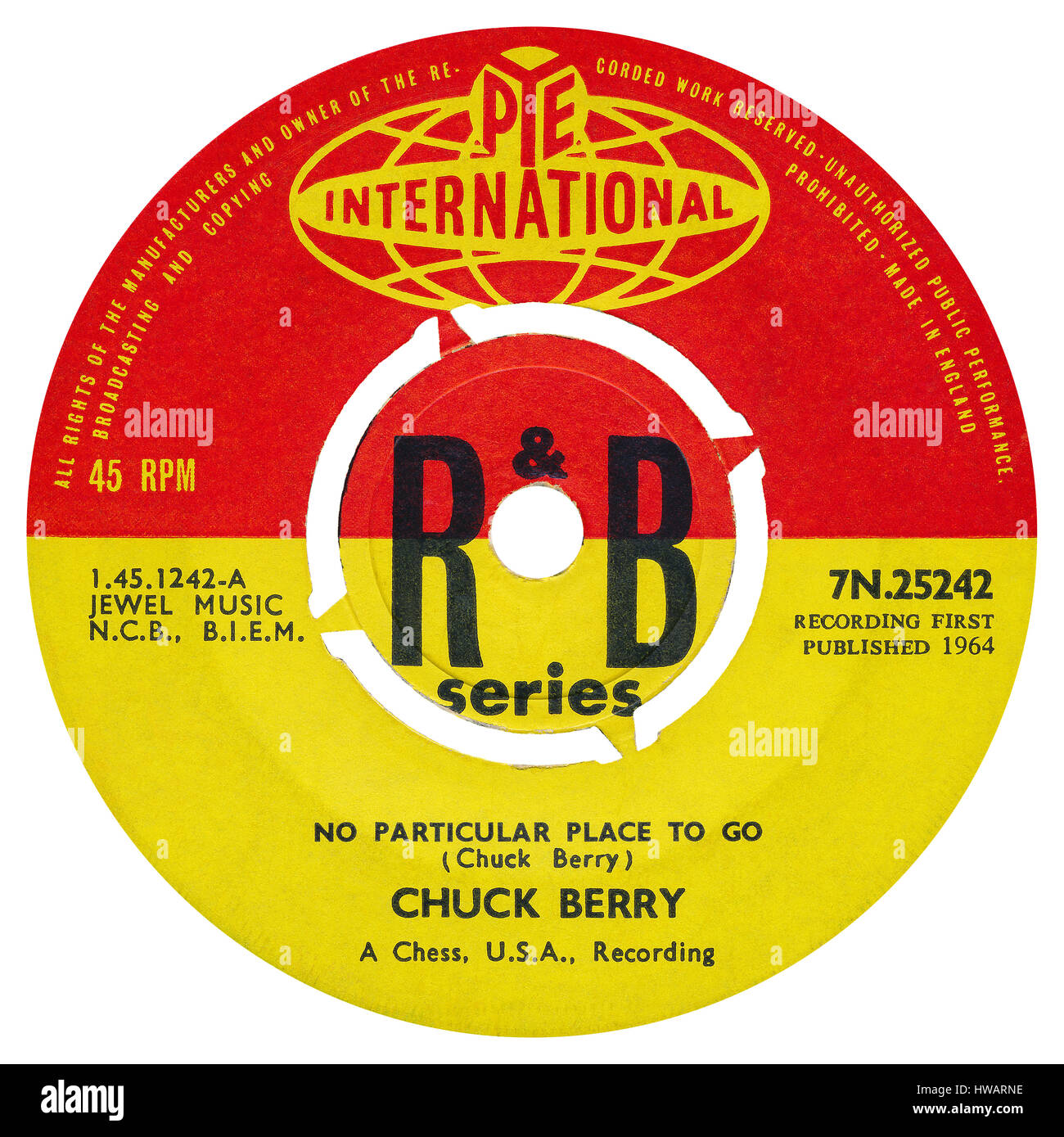 45 u/min 7' UK Plattenlabel von keinen bestimmten Ort To Go von Chuck Berry auf dem Etikett Pye International ab Mai 1964. Stockfoto